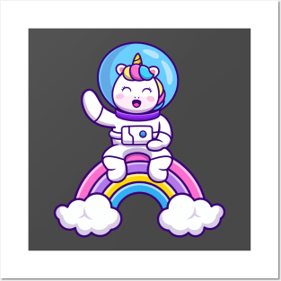 Cute Astronaut Unicorn Sitting On Rainbow Cartoon Posters and Art